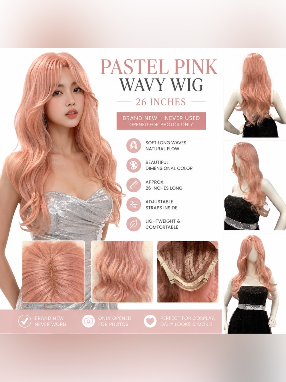 Pastel Pink Wavy Synthetic Wig 26” Long Cosplay Anime Kawaii Soft Pink Hair